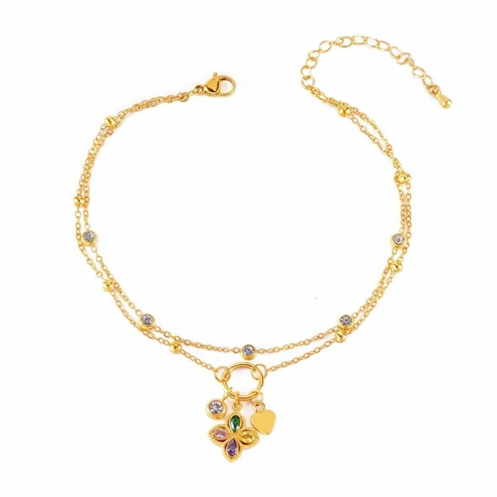Gold Double Chain Anklet Dainty Crystals Butterfly Heart Charm Ankle Bracelet - Picture 12 of 14